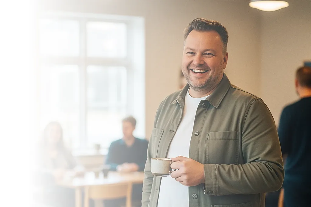 Bild på en glad man som dricker kaffe