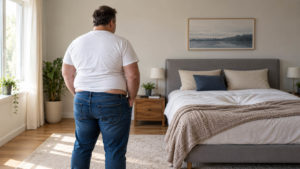 Man som stå i sitt sovrum of tittar på sin säng